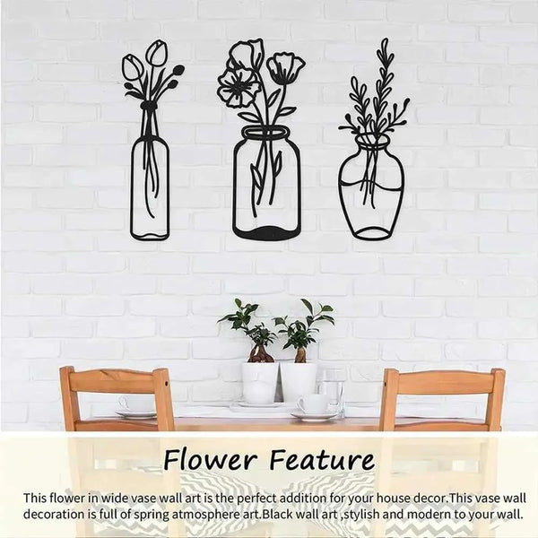 Paintings 3pcs Metal Flower Wall Decor Minimalist Vase Wall Art Black Tulip Wire Iron Decor