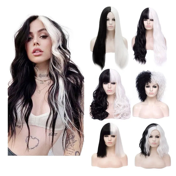 Wholesale Party Women Curly Straight Half Black White Hair Cosplay Wig Halloween Synthetic Cosplay Wigs