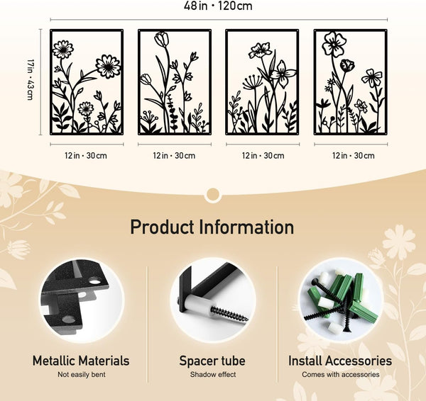 Sokurdeg Black Metal Flowers Wall Decor, Minimalist Floral Wall Hanging Art, Black Abstract Line Wall Art Sculptures for Bedroom Bathroom Living Room (4 Pcs, 12 x 17 in)