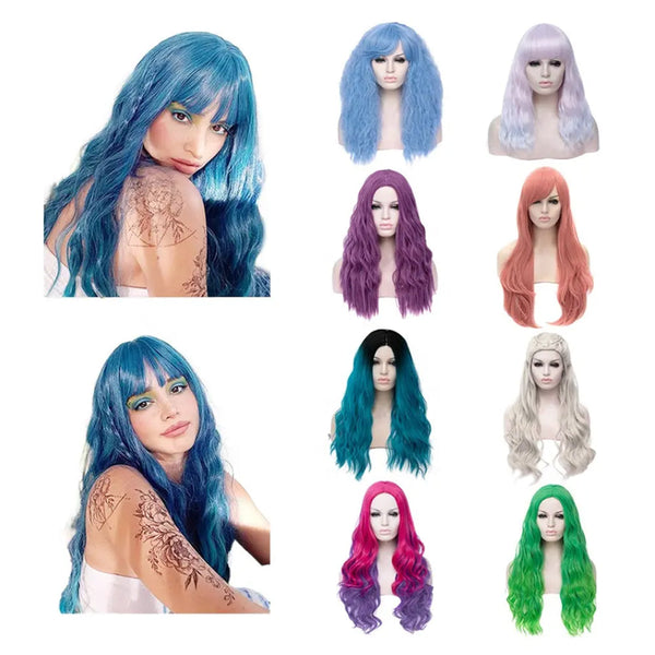 Heat Resistant Green Fiber Wigs Green Synthetic Long Curly Wavy Cosplay Party Wig for St Patricks Costume