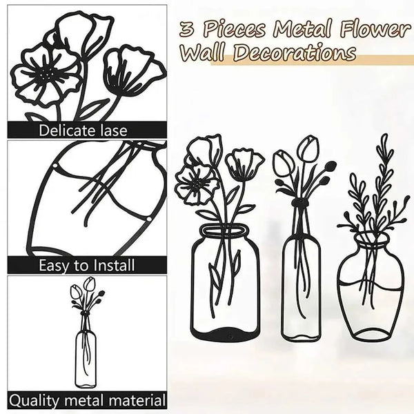 Paintings 3pcs Metal Flower Wall Decor Minimalist Vase Wall Art Black Tulip Wire Iron Decor