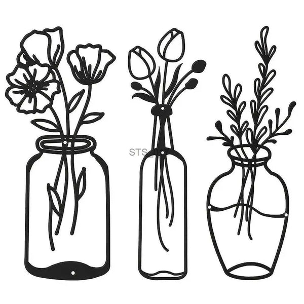 Paintings 3pcs Metal Flower Wall Decor Minimalist Vase Wall Art Black Tulip Wire Iron Decor