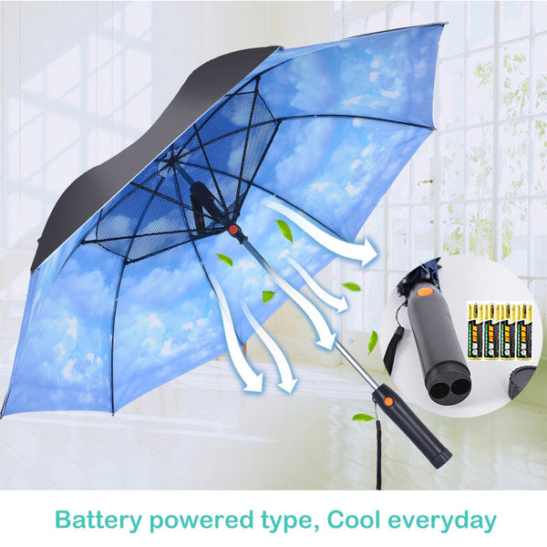 Cool Summer UV Protection Large Size Electric Straight Golf Fan Umbrella with Water Spray