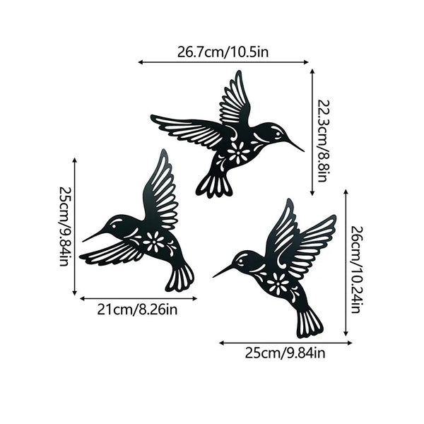 3pc Black Metal Hummingbird Wall Iron Decor Hollow Art Bird Sculpture Ornament Waterproof Hanging Figurines Garden Home
