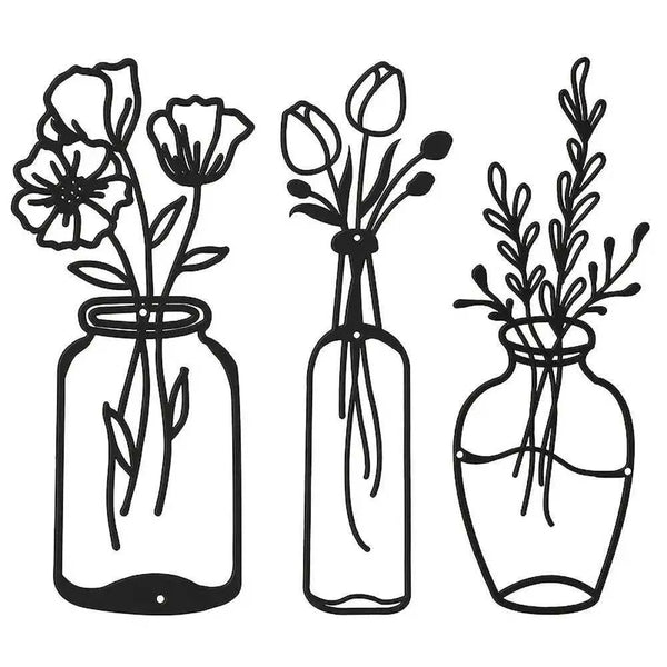 Paintings 3pcs Metal Flower Wall Decor Minimalist Vase Wall Art Black Tulip Wire Iron Decor