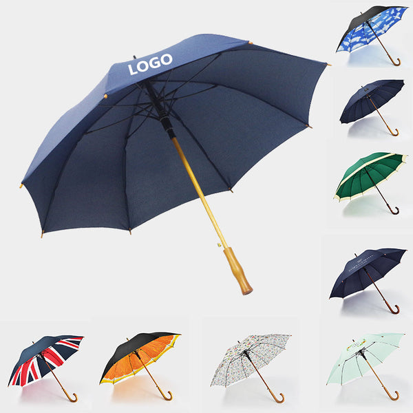 Sturdy wind resistant 23inch custom logo print wood j handle stick straight wooden umbrella