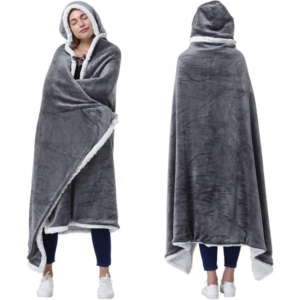 Oversized flannel sherpa hooded blanket wearable fleece blanket with hand pockets