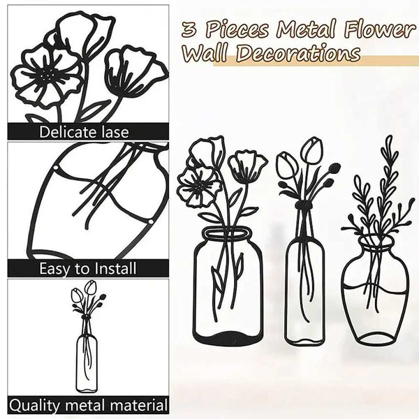 Paintings 3pcs Metal Flower Wall Decor Minimalist Vase Wall Art Black Tulip Wire Iron Decor
