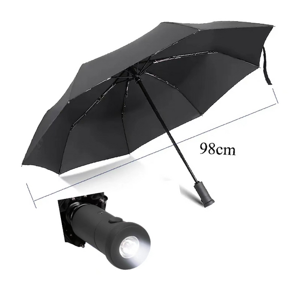 Lightweight Compact Travel Automatic Open Close Torch Handle LED Flashlight Folding Umbrella
