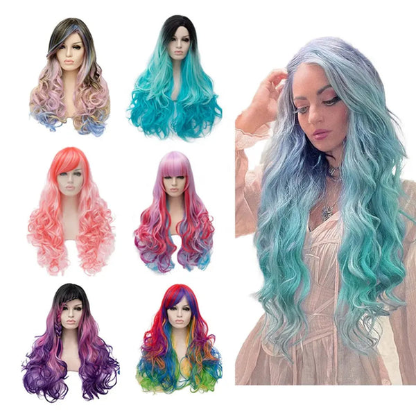 Wholesale Heat Resistant Colorful Synthetic Hair Wigs Long Curly Wavy Cosplay Party Ombre Wigs for Women