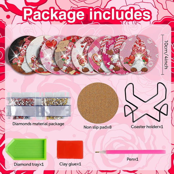 8 Pieces Gnome Diamond Coasters with Holder Cute Valentine Gnome Diamond Art Coasters for Beginners Adults for Valentine's Day Gift