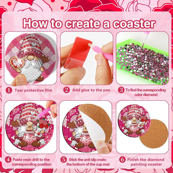 8 Pieces Gnome Diamond Coasters with Holder Cute Valentine Gnome Diamond Art Coasters for Beginners Adults for Valentine's Day Gift