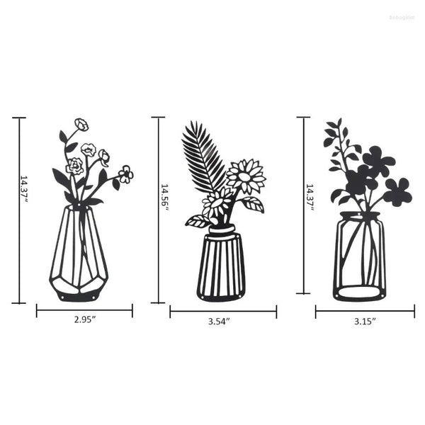 Decorative Figurines 3 Pcs Metal Flower Wall Iron Decor Vase Art Black Wire Floral Sculpture For Living Room