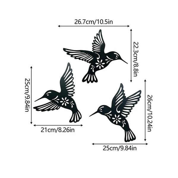 3pc Black Metal Hummingbird Wall Iron Decor Hollow Art Bird Sculpture Ornament Waterproof Hanging Figurines Garden Home
