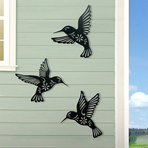 3pc Black Metal Hummingbird Wall Iron Decor Hollow Art Bird Sculpture Ornament Waterproof Hanging Figurines Garden Home