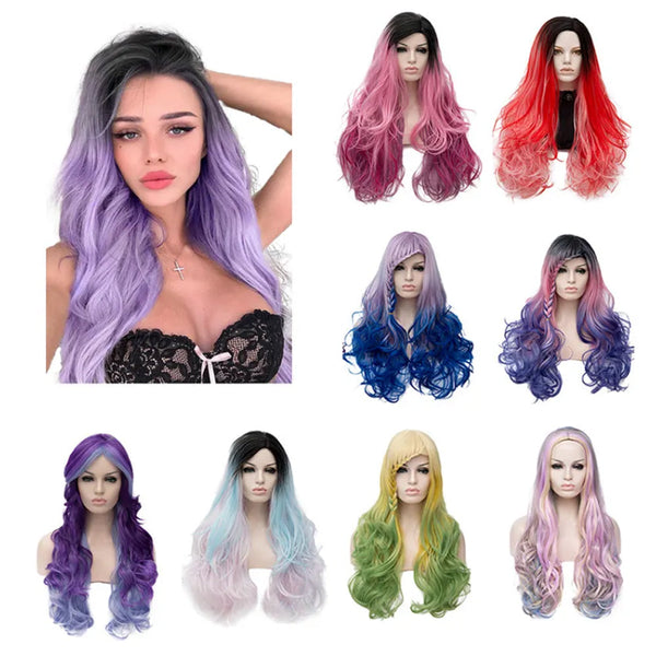 Wholesale Heat Resistant Colorful Synthetic Hair Wigs Long Curly Wavy Cosplay Party Ombre Wigs for Women