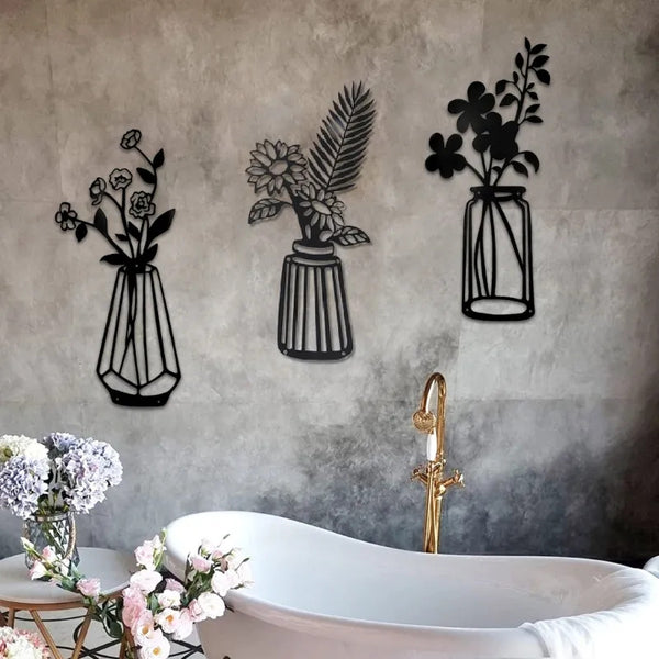 Decorative Figurines 3 Pcs Metal Flower Wall Iron Decor Vase Art Black Wire Floral Sculpture For Living Room