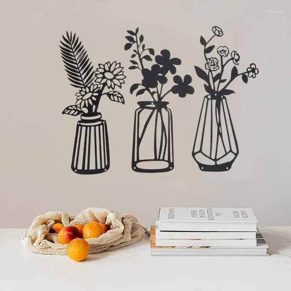 Decorative Figurines 3 Pcs Metal Flower Wall Iron Decor Vase Art Black Wire Floral Sculpture For Living Room