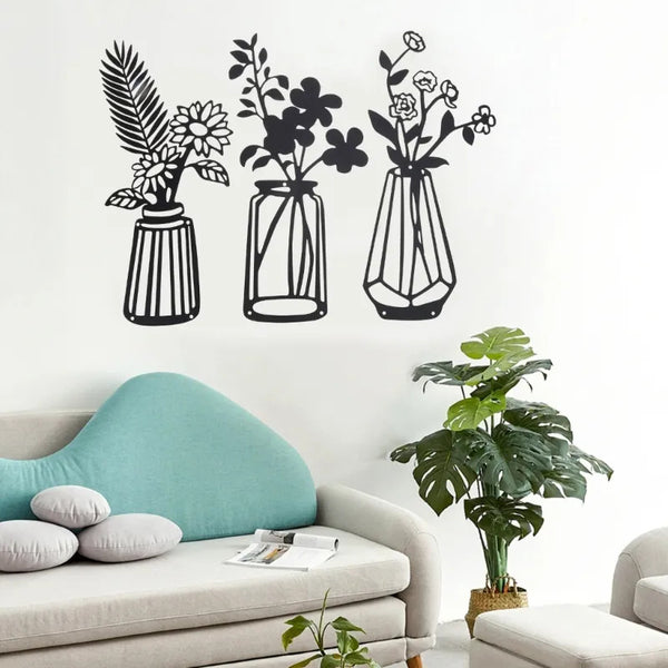 Decorative Figurines 3 Pcs Metal Flower Wall Iron Decor Vase Art Black Wire Floral Sculpture For Living Room
