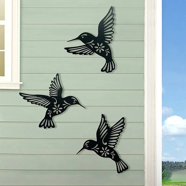 3pc Black Metal Hummingbird Wall Iron Decor Hollow Art Bird Sculpture Ornament Waterproof Hanging Figurines Garden Home