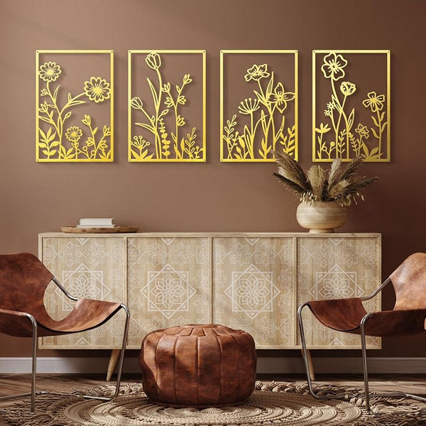 Sokurdeg Black Metal Flowers Wall Decor, Minimalist Floral Wall Hanging Art, Black Abstract Line Wall Art Sculptures for Bedroom Bathroom Living Room (4 Pcs, 12 x 17 in)