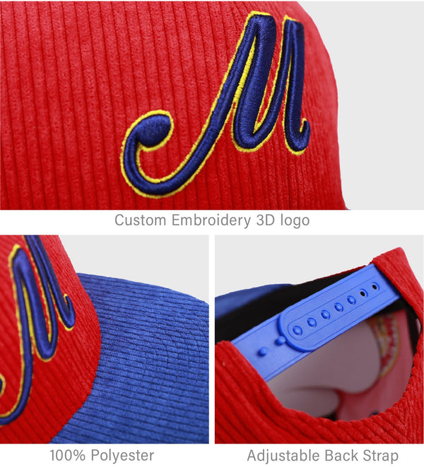 Custom Fashion Embroidered Logo6 Panel Gorras Corduroy Snapback Caps
