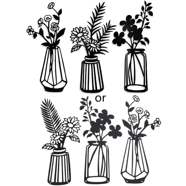 Decorative Figurines 3 Pcs Metal Flower Wall Iron Decor Vase Art Black Wire Floral Sculpture For Living Room